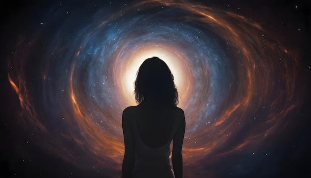 The beautiful woman looks at the universe mystical image