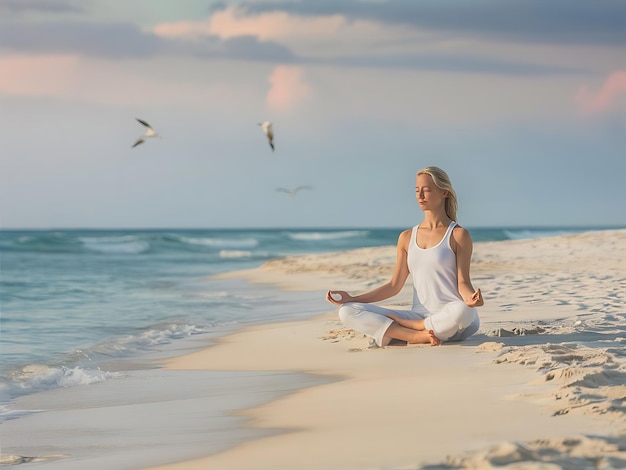 Foto una bella donna che medita con le gambe incrociate sulla spiaggia