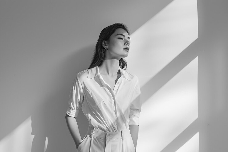 미니멀한 스튜디오 환경에서 아름다운 여성 모델이 세련되고 세련된 패션 포즈를 포착합니다.