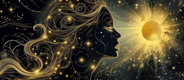 beautiful woman and moon esoteric golden Boho astronomy astrology lunar magic background