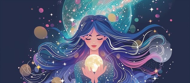 beautiful woman and moon esoteric golden Boho astronomy astrology lunar magic background