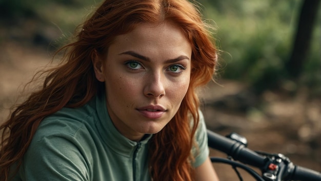 A beautiful woman on a mountain bike with red hair dark brown eyebrows generative AI