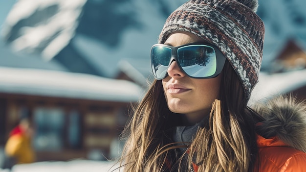 Beautiful woman at a mountain resort in winter the concept of a healthy life rest