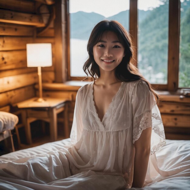 Beautiful woman in nightgown in bedroom Premium AI generated image