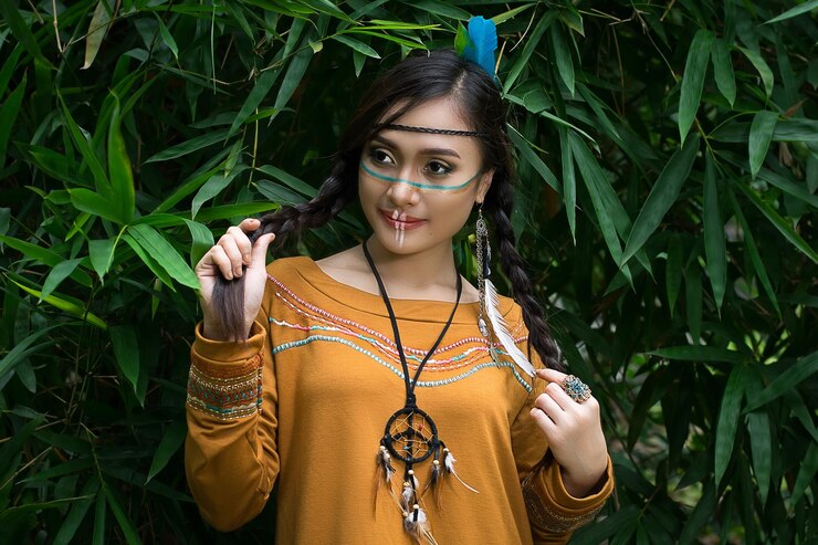 Photo beautiful woman in north american tribal clothing standing against plants