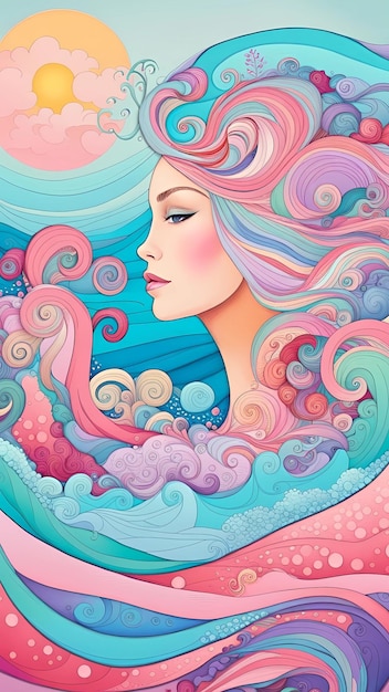 Beautiful woman in the ocean waves drawing cartoon artwork