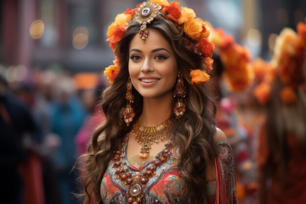 a beautiful woman in an orange dress and flower wreath on her head