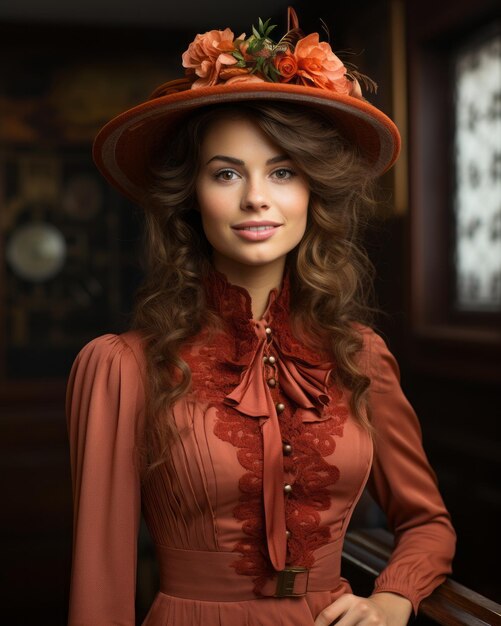 A beautiful woman in an orange dress and hat