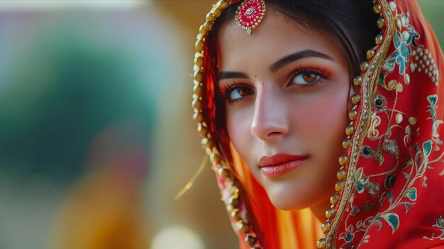 A beautiful woman in an orange sari