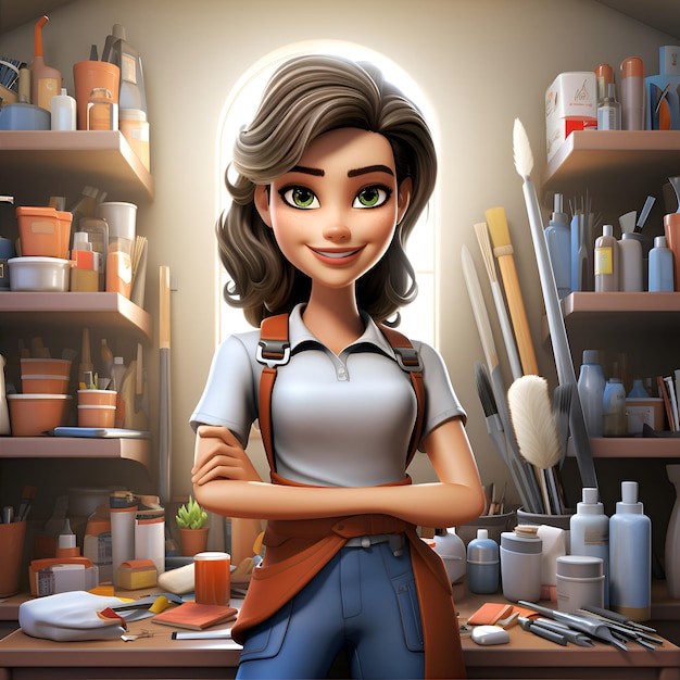 Beautiful woman painter in her workshop 3D rendering Illustration