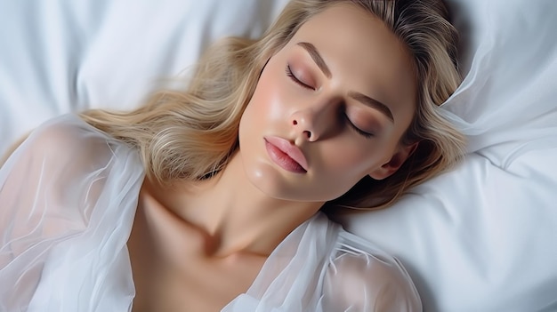 Beautiful woman peacefully sleeping on soft white pillow bedtime or relaxation concept