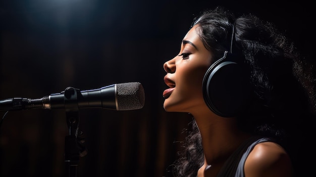 Foto una bella donna canta in una stanza buia usando un microfono