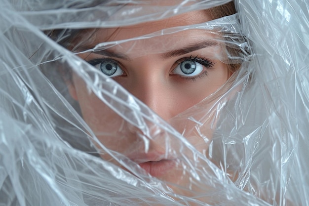Beautiful woman behind a plastic wrap wallpaper