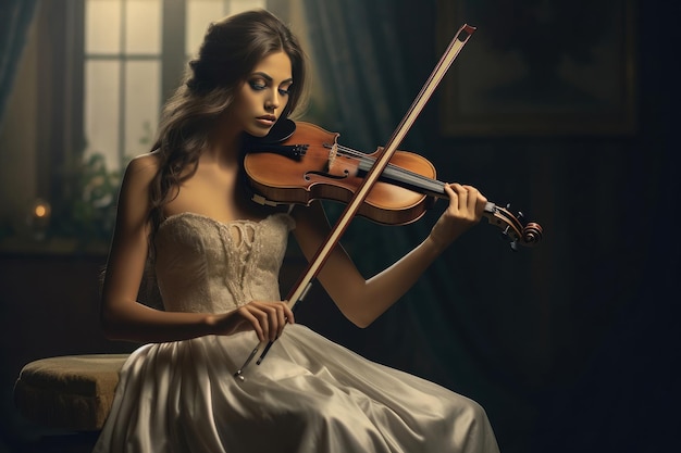 Beautiful woman playing the fiddle Generative AI