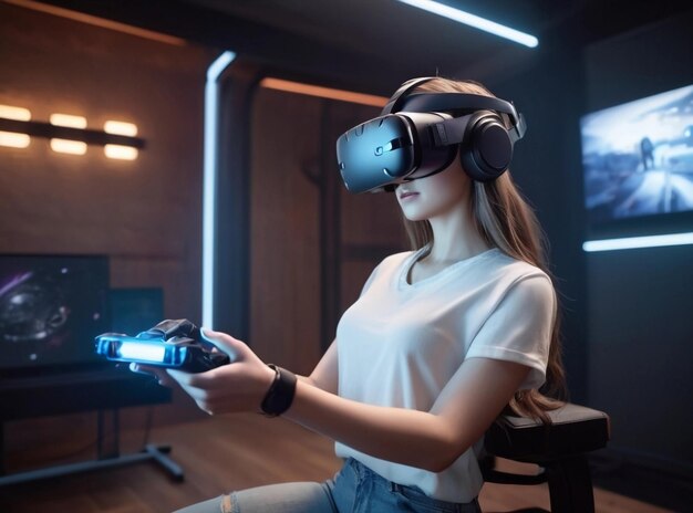 beautiful woman playing virtual reality game indoors game studio