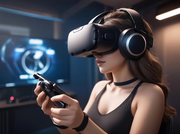 beautiful woman playing virtual reality game indoors game studio