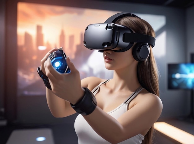 beautiful woman playing virtual reality game indoors game studio