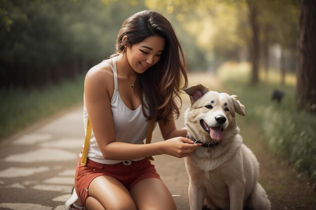 Foto una bellissima donna che gioca con un cane