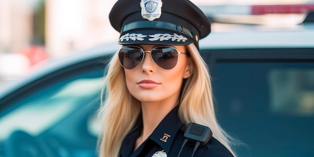 Foto bella uniforme della polizia della donna e stazione di polizia generativo ai