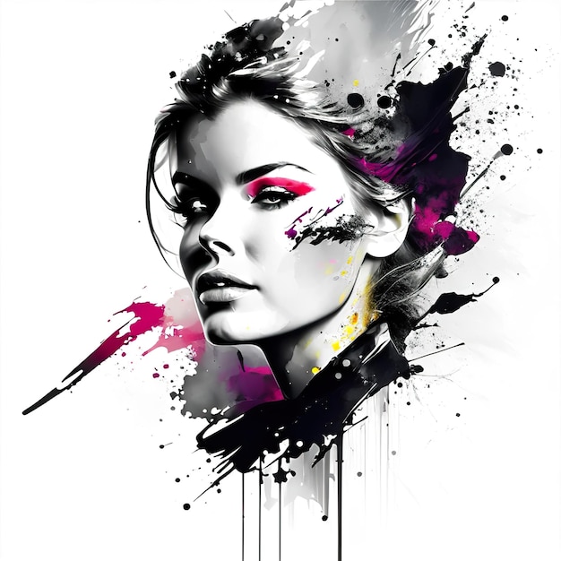 Beautiful woman in pop art and ink splash Generative AI