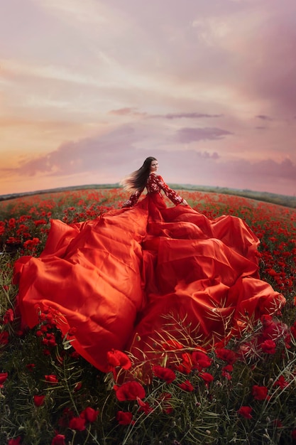 Beautiful woman in poppies field