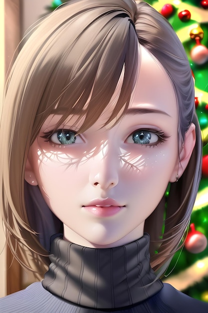 애니메이션 스타일의 디지털 그림 삽화에서 겨울 크리스마스 트리 앞의 아름다운 여성 초상화