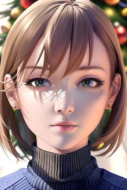 Beautiful woman portrait in front of winter christmas tree in anime style digital painting illustration