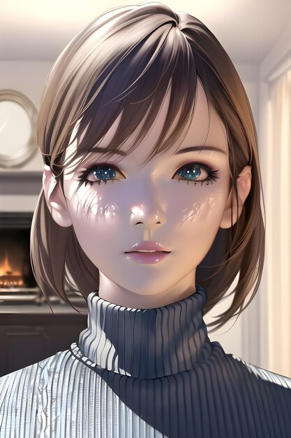 Beautiful woman portrait in front of winter christmas tree in anime style digital painting illustration