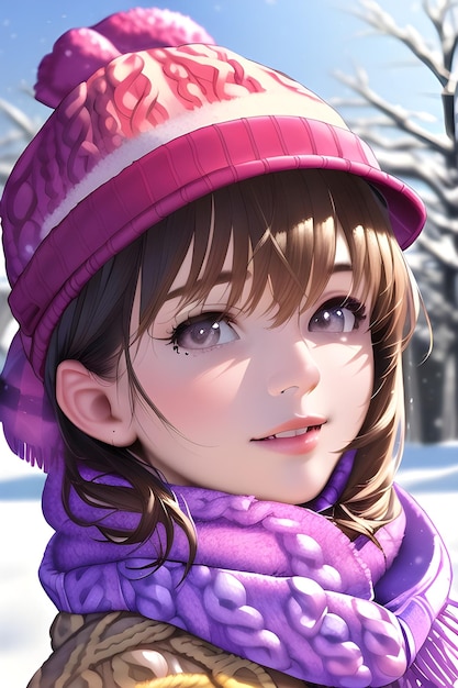 アニメ スタイルのデジタル絵画イラストで冬のクリスマス ツリーの前に美しい女性の肖像画