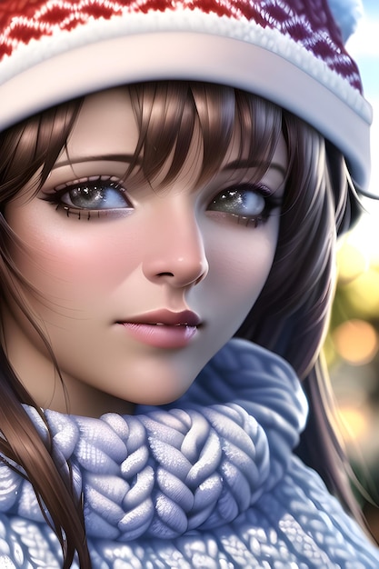 Beautiful woman portrait in front of a winter christmas tree Knit Turtleneck fleece Hat scarf in anime style digital painting illustration