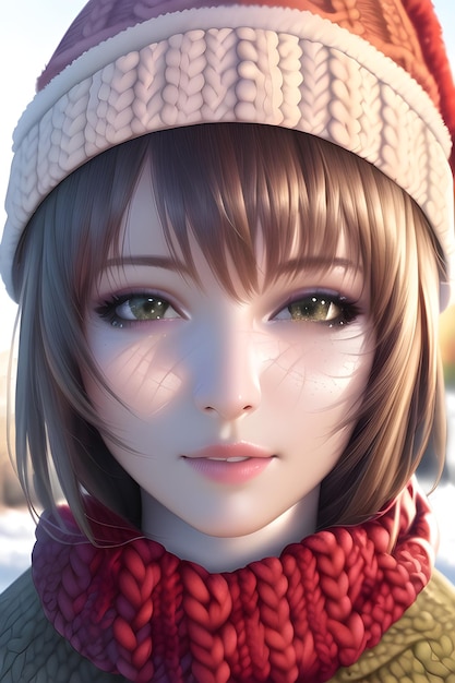 Beautiful woman portrait in front of a winter christmas tree Knit Turtleneck fleece Hat scarf in anime style digital painting illustration