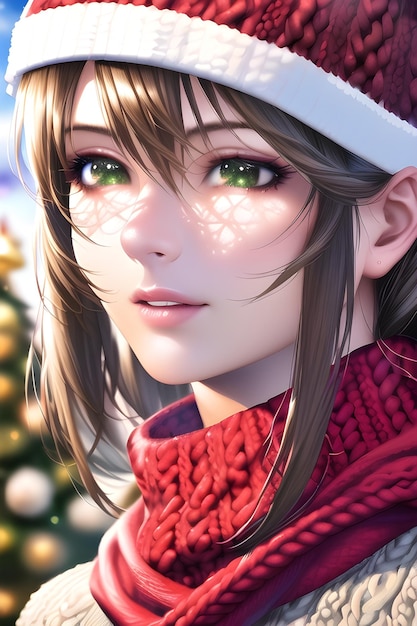 Beautiful woman portrait in front of a winter christmas tree Knit Turtleneck fleece Hat scarf in anime style digital painting illustration