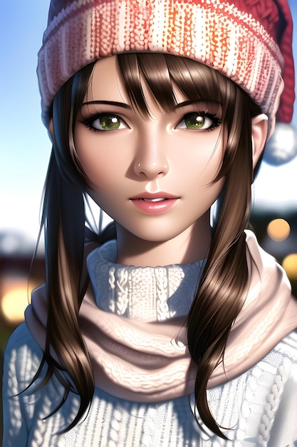 Beautiful woman portrait in front of a winter christmas tree Knit Turtleneck fleece Hat scarf in anime style digital painting illustration