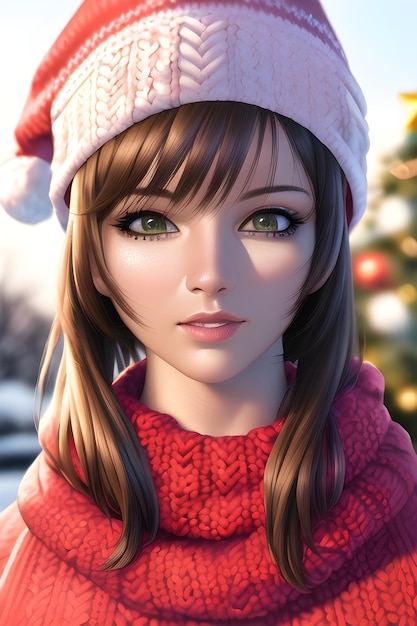 Beautiful woman portrait in front of a winter christmas tree Knit Turtleneck fleece Hat scarf in anime style digital painting illustration