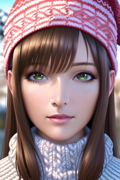 Beautiful woman portrait in front of a winter christmas tree Knit Turtleneck fleece Hat scarf in anime style digital painting illustration