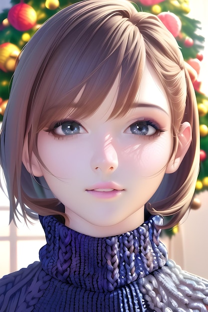 Beautiful woman portrait in winter christmas tree in anime style digital painting illustration