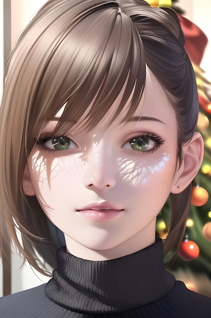 Beautiful woman portrait in winter christmas tree in anime style digital painting illustration