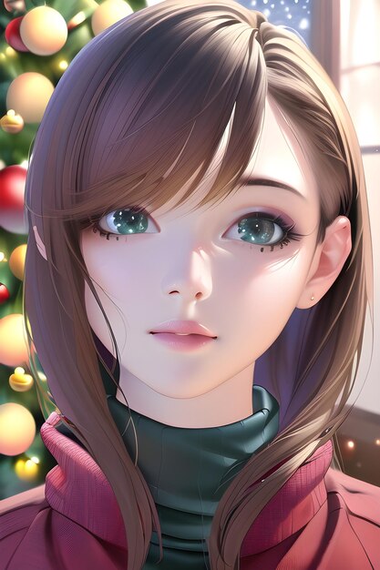 アニメ スタイルのデジタル絵画イラストで冬のクリスマス ツリーで美しい女性の肖像画