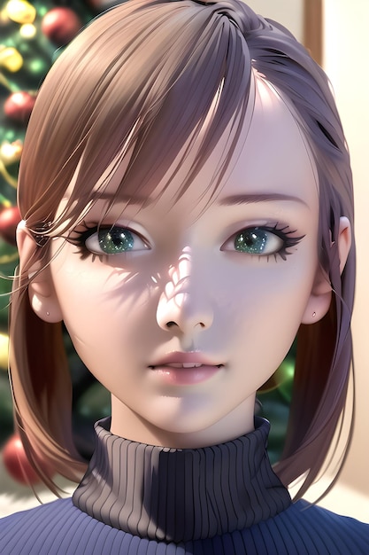 애니메이션 스타일의 디지털 그림 삽화에서 겨울 크리스마스 트리의 아름다운 여성 초상화