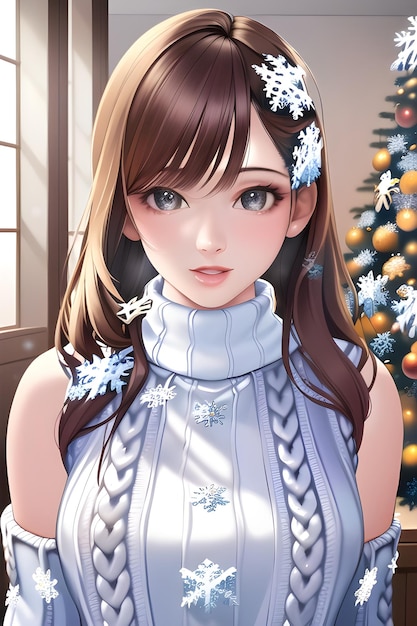 Beautiful woman portrait in winter christmas tree in anime style digital painting illustration