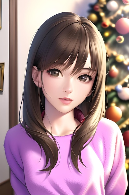 Beautiful woman portrait in winter christmas tree in anime style digital painting illustration