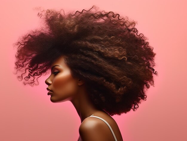 Портрет красивой женщины с афро-волосами в профиле, улыбающейся на розовом фоне