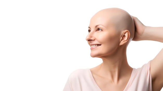 世界がんデーコンセプトで癌の笑顔を持つ美しい女性の肖像画