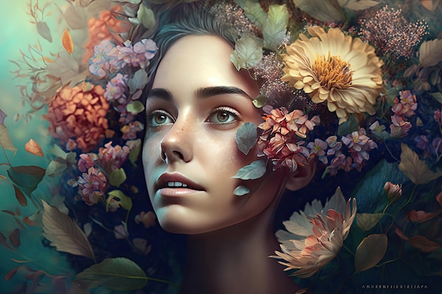Beautiful woman portrait with flowers in the hair Dark background Valentine's Day Spring concept Illustration girl Generative AI