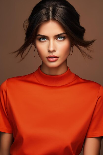 Beautiful Woman Posing In Orange Round Neck Cotton Shirt Generative AI
