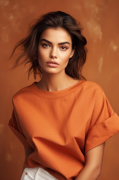 Beautiful Woman Posing In Orange Round Neck Cotton Shirt Generative AI
