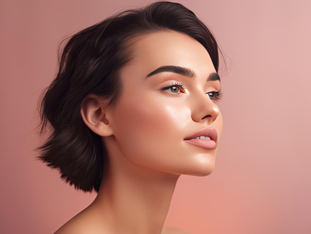 Beautiful woman posing on a pink background face care concept ai generated