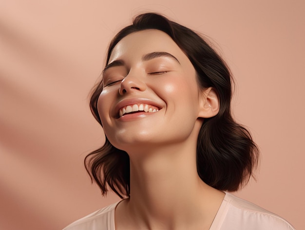 Beautiful woman posing on a pink background face care concept ai generated