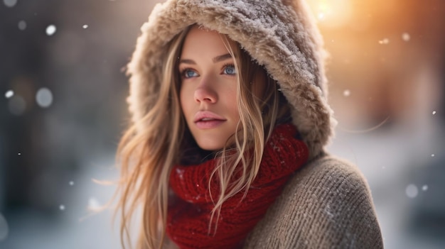 Beautiful woman posing in the snow on a winter day