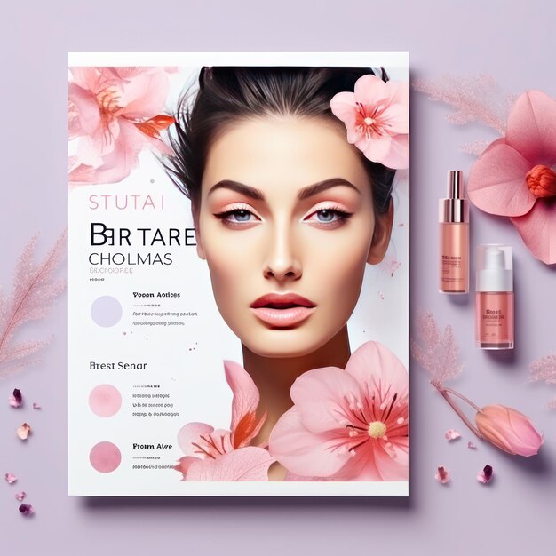 Photo beautiful woman poster with cosmetics product